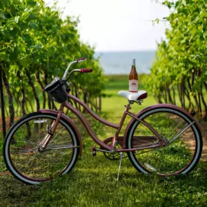 bike in vineyard with bottle of rose on seat